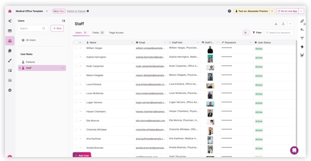 Screenshot Patient Intake Template Staff Page