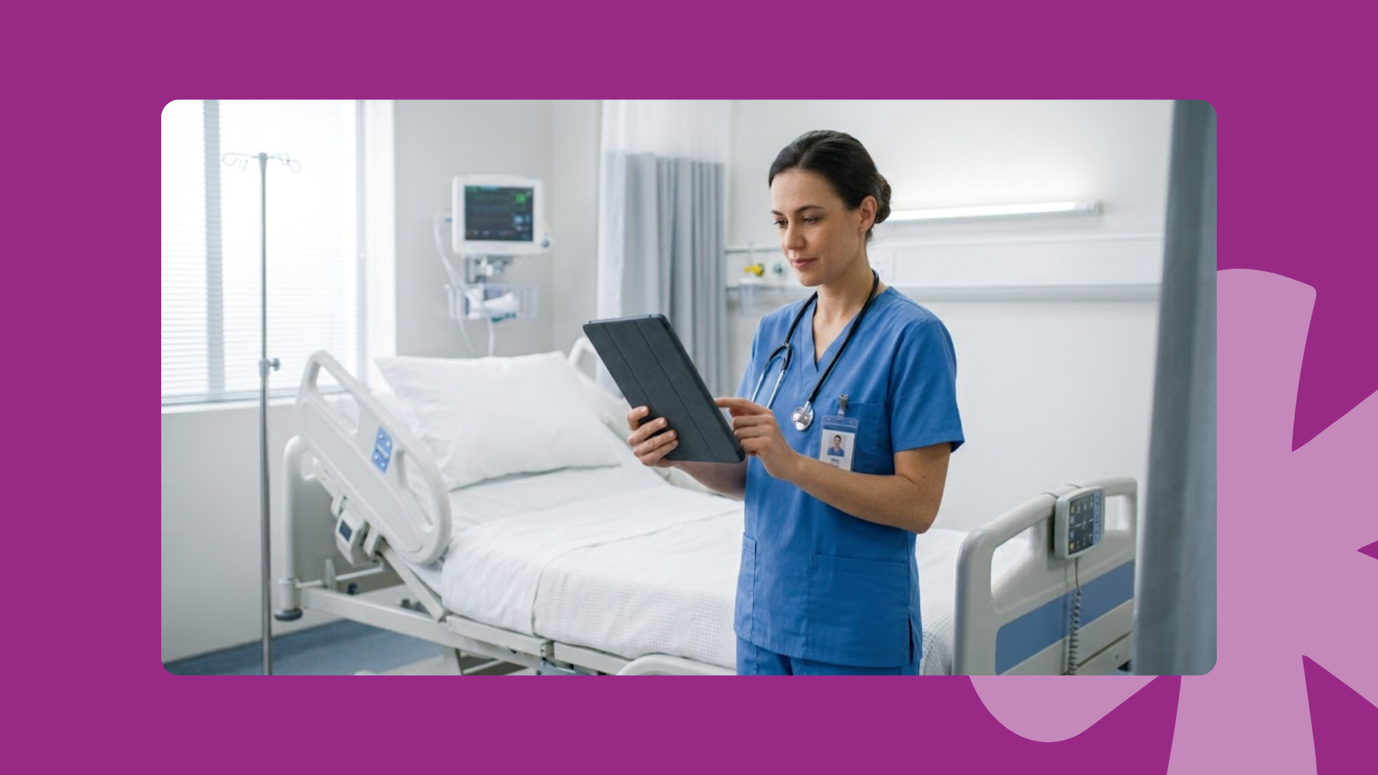 Nurse using a tablet at a hospital bedside to check bed status and patient placement