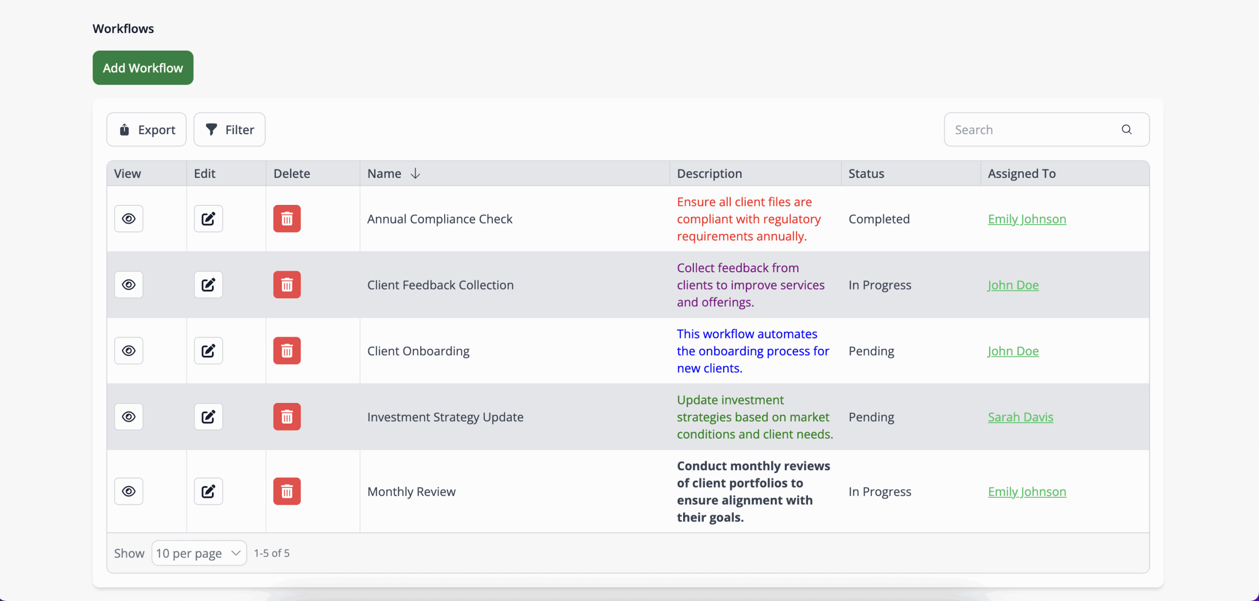 screenshot of a financial dashboard CRM workflow within the Knack platform