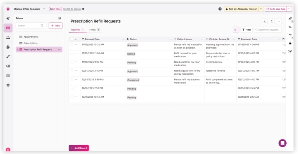 Screenshot Patient Intake Template Prescription Refills