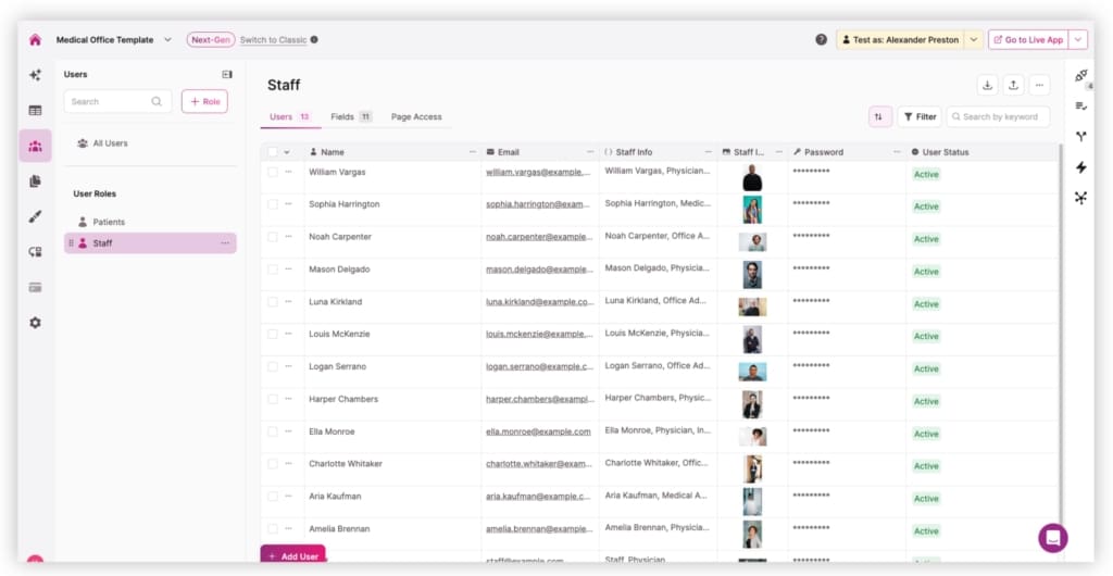 Screenshot Patient Intake Template Staff Page