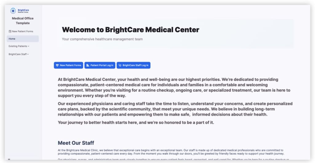 Screenshot Patient Intake Template Welcome Page